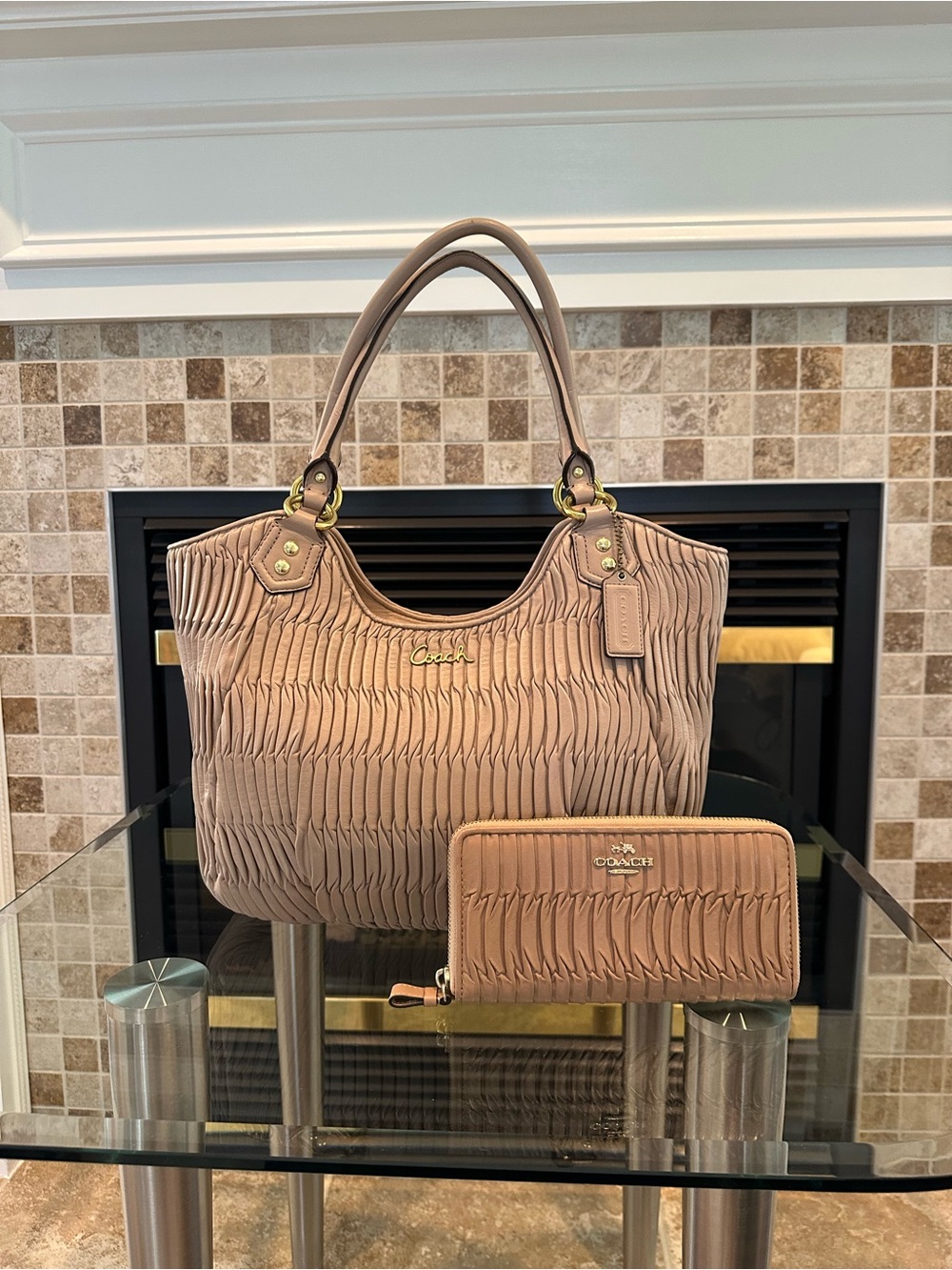 Coach Pleated Tote and Zip Wallet in Taupe